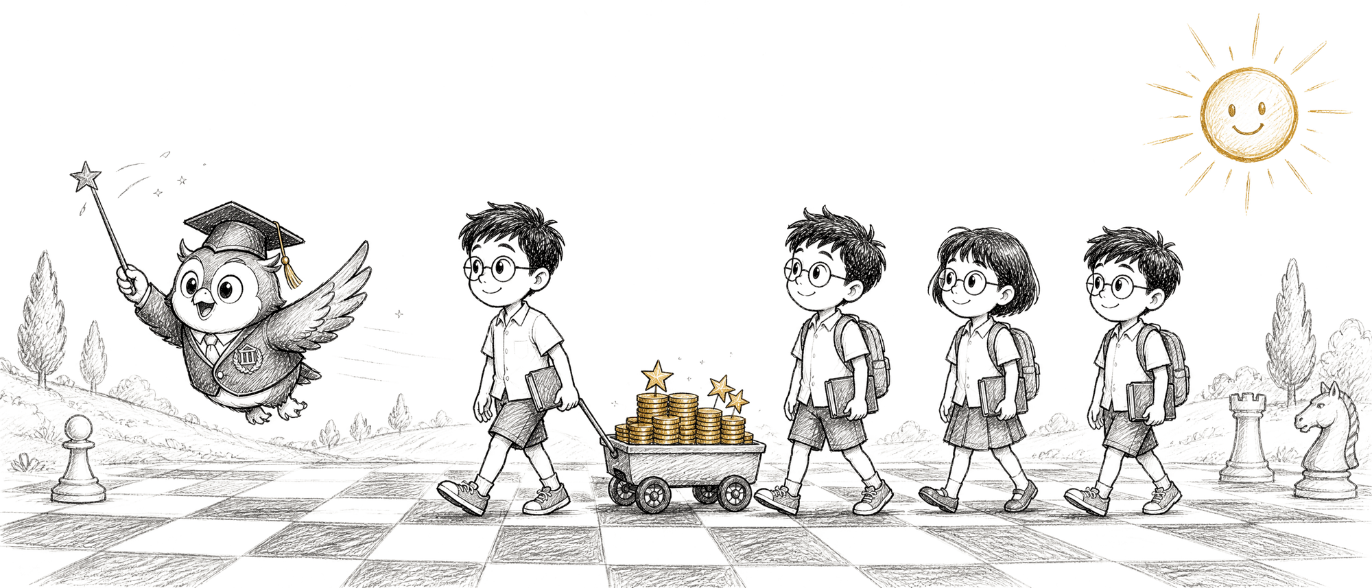 Foo Foo leading the children across a chessboard landscape