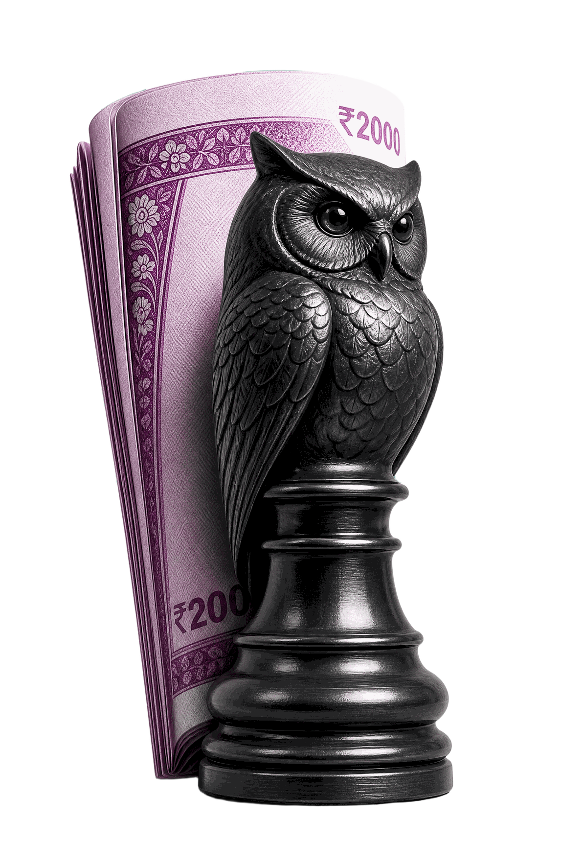 Coiny as a carved chess piece, guarding a rolled 2000 rupee note