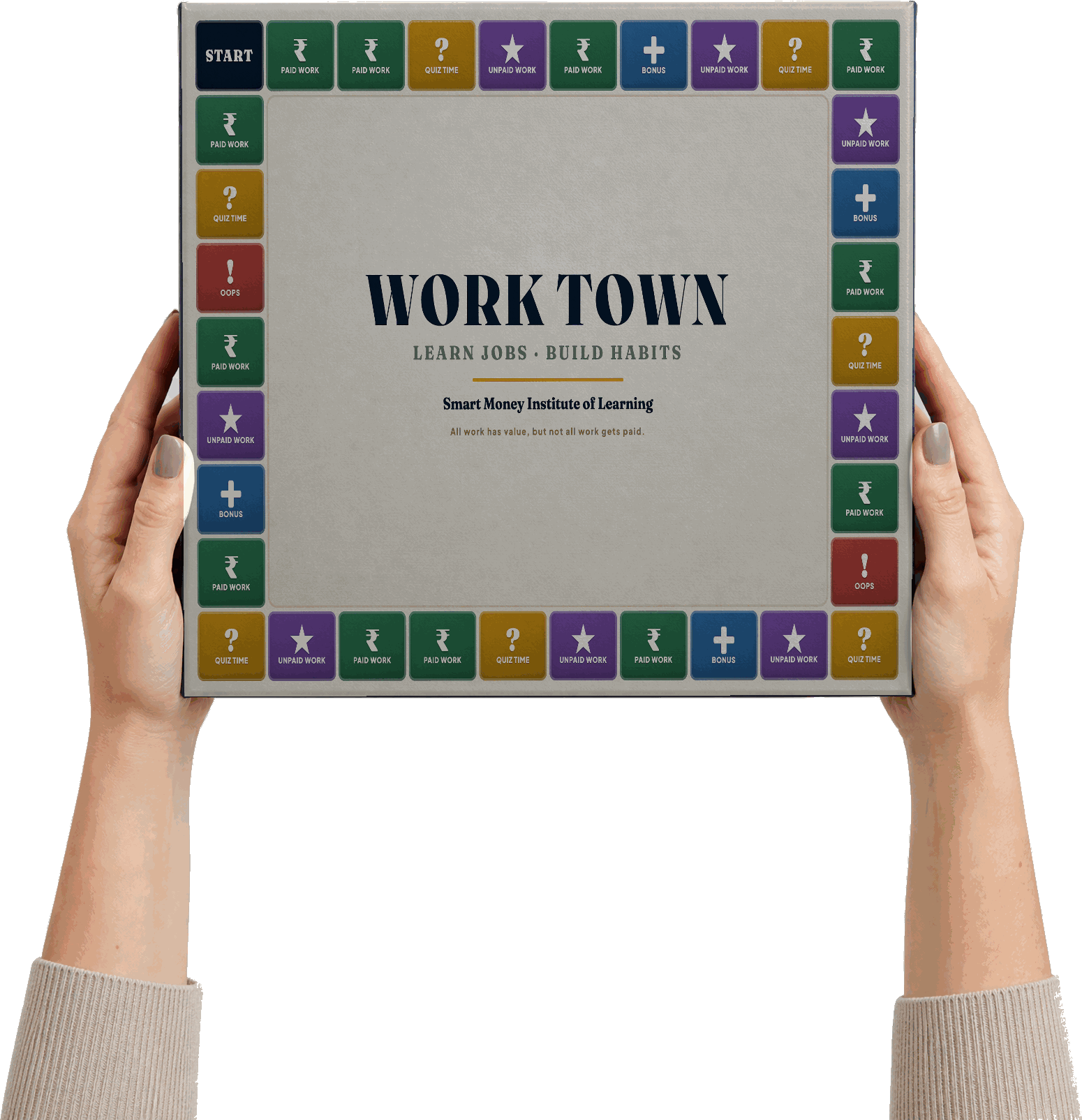The Work Town money game held in two hands