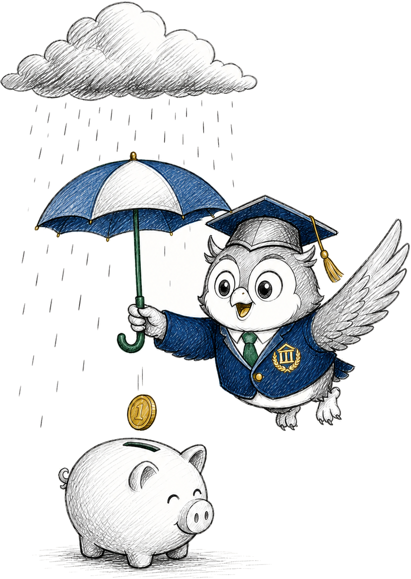 Foo Foo protecting a piggy bank from the rain