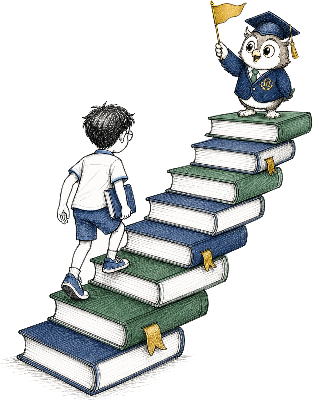 A student climbing a staircase of books toward Foo Foo